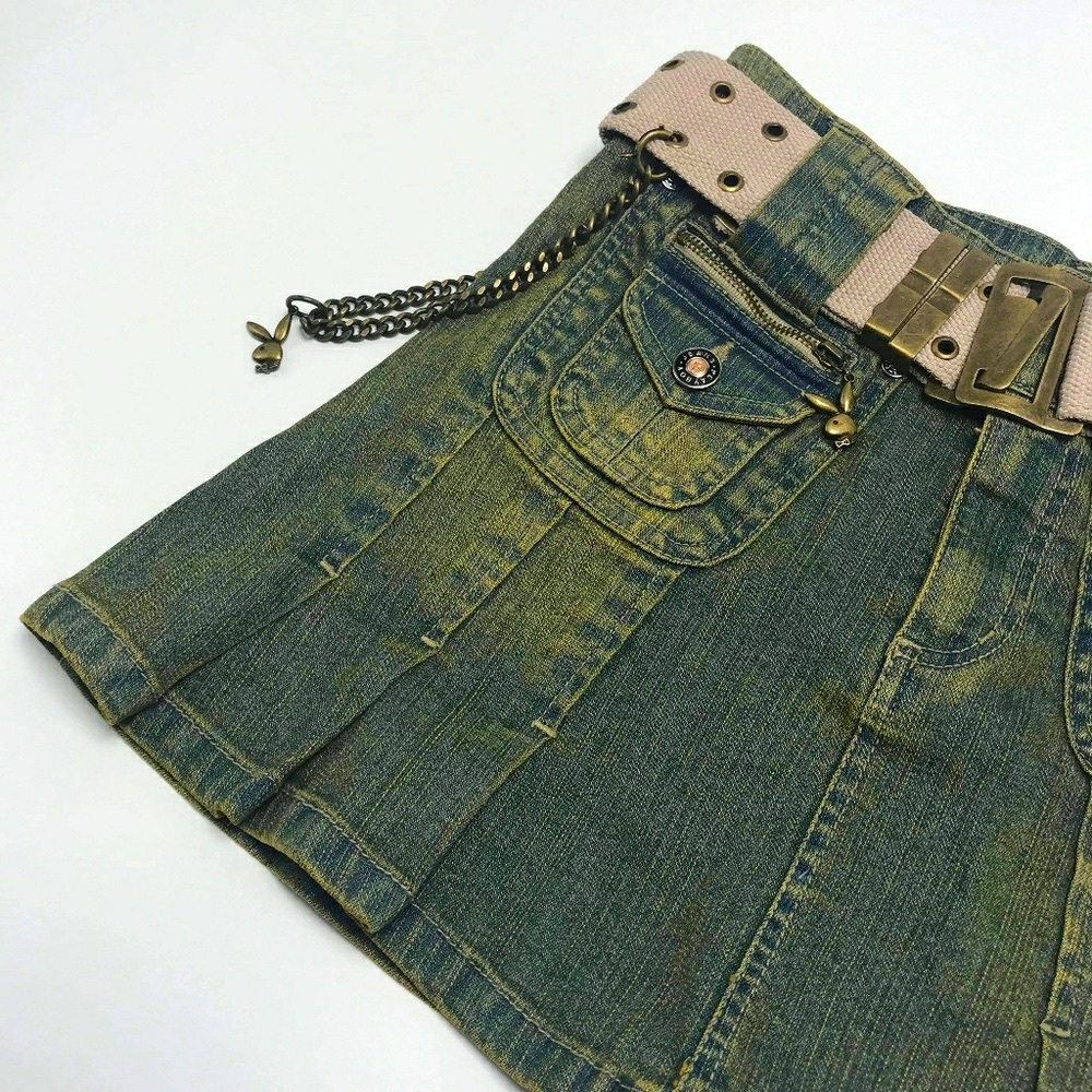 Women’s Playboy Green Vintage Denim Mini Skirt - Picture 3 of 5